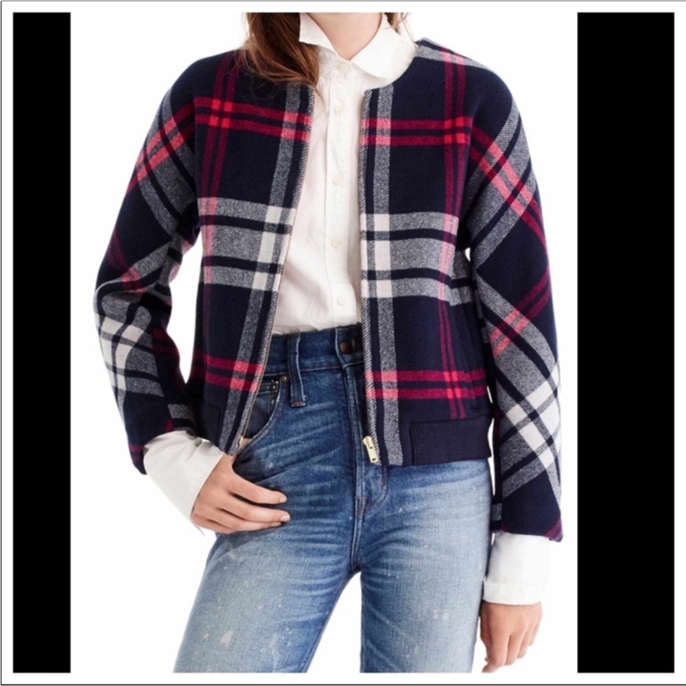 J. Crew Plaid Wool Blend Bomber Jacket in Navy and Pink Sz M